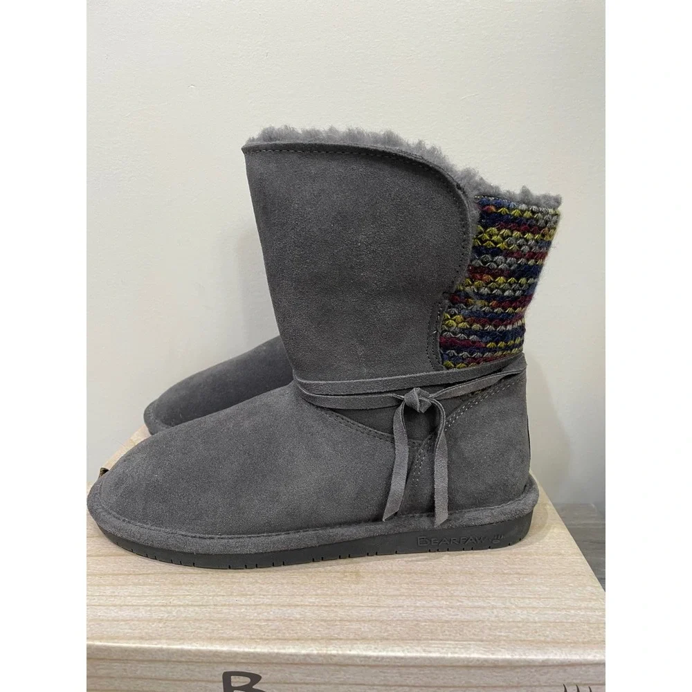 Bearpaw Maggie Charcoal Grey Suede Knit Back Winter Boots 2116W Womens 9